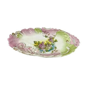 VTG Pink Green Porcelain Celery Dish Cut Out Handles‎ Gold Accent Estate Find